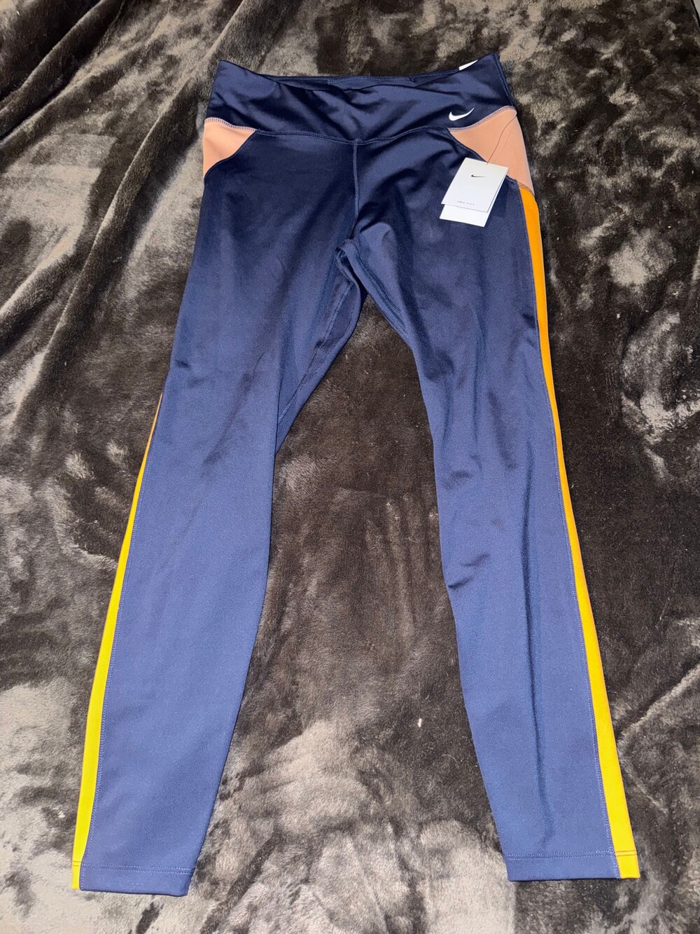 NWT Nike Women's Navy Blue Peach Yellow Colorblock 7/8 Leggings Large